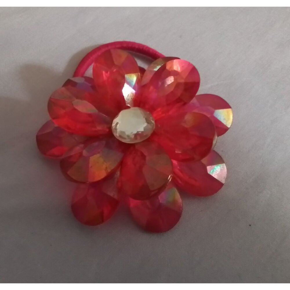 Pink Crystal Flower Hair Tie Elastic Band with Rhinestone Accent - Perfect for P